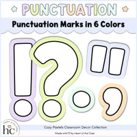 Cozy Pastels Classroom Decor Collection printable bulletin board punctuation marks: exclamation mark, question mark, quotation marks, period, comma.