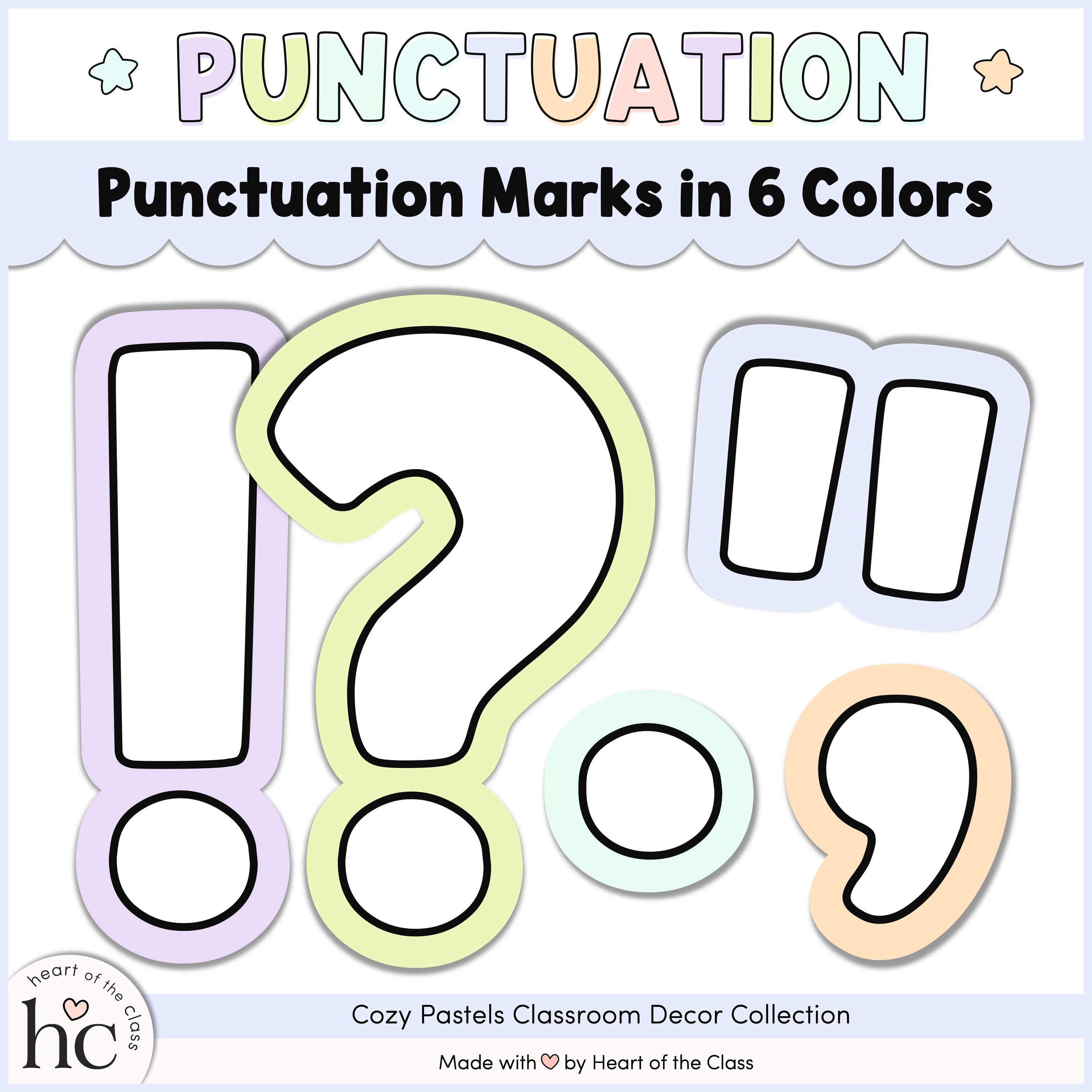 Cozy Pastels Classroom Decor Collection printable bulletin board punctuation marks: exclamation mark, question mark, quotation marks, period, comma.