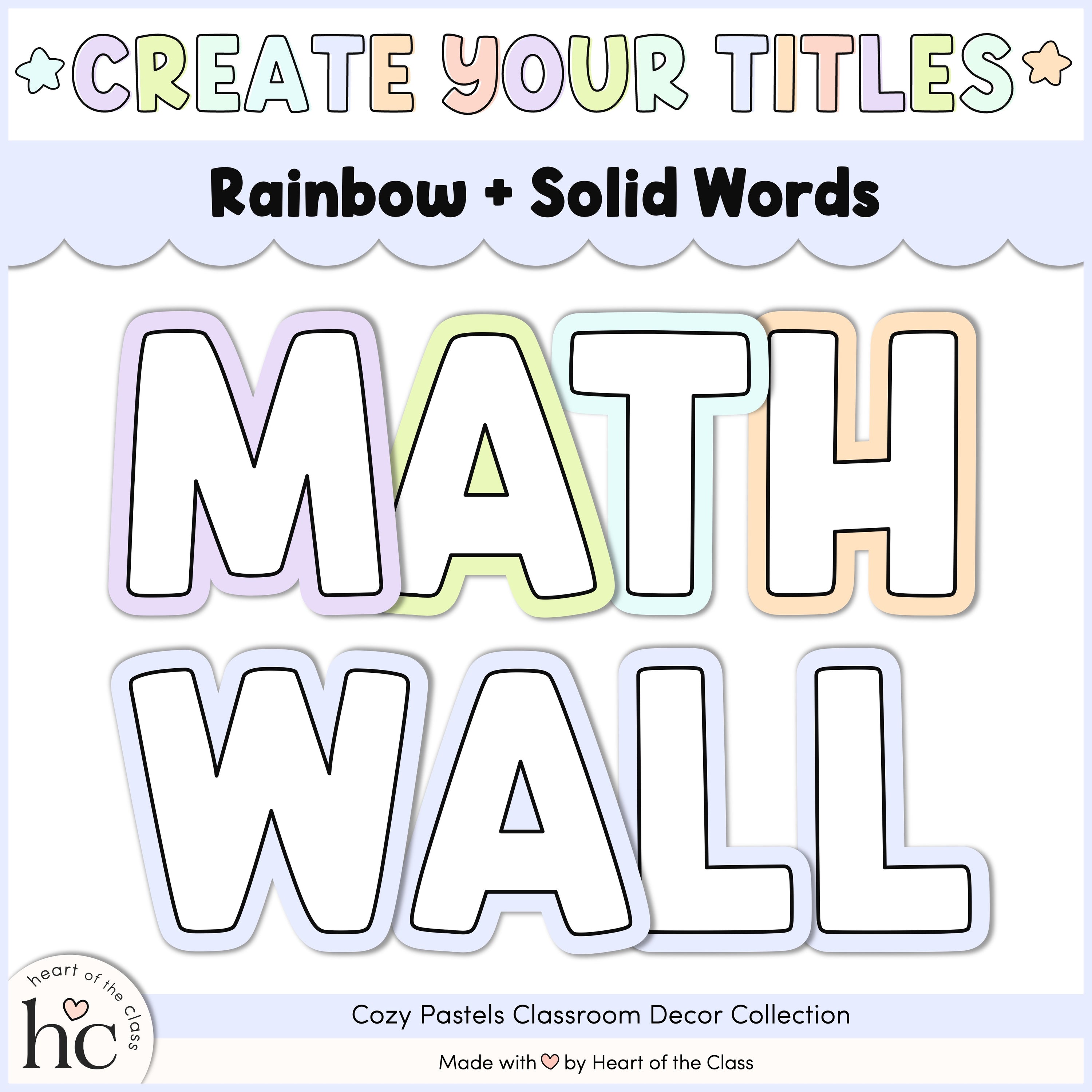 Easy bulletin board titles with Printable Pastel Classroom Bulletin Board Letters: Math Wall title display.