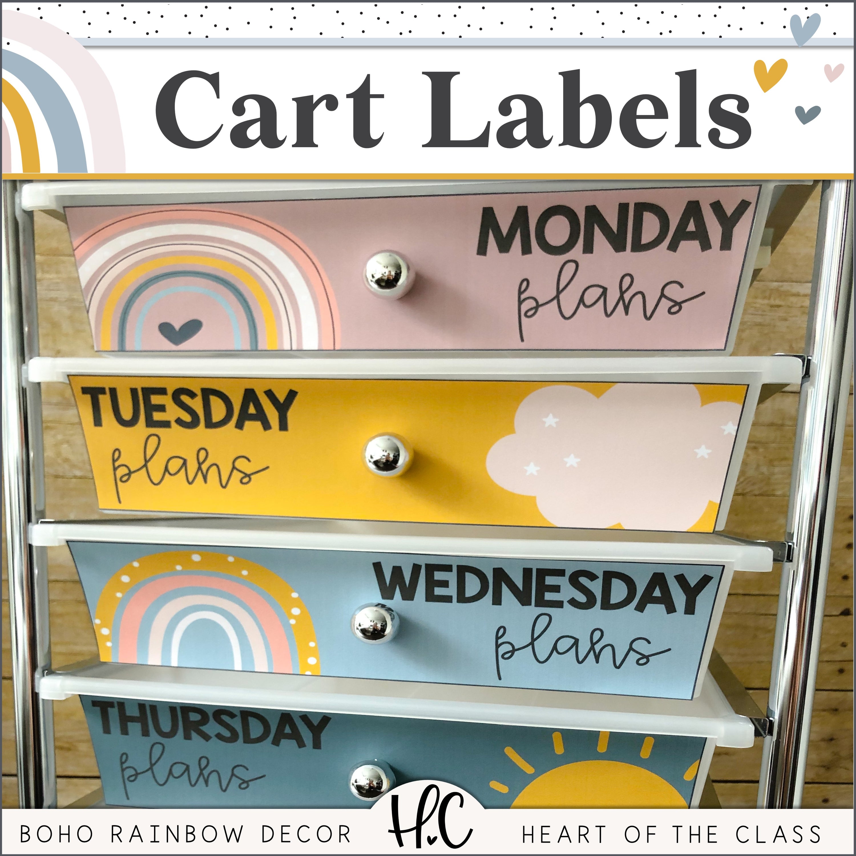 Boho Rainbow Rolling Cart Labels