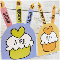 Cupcake Months Birthday Bulletin Board in Bright Classroom Theme