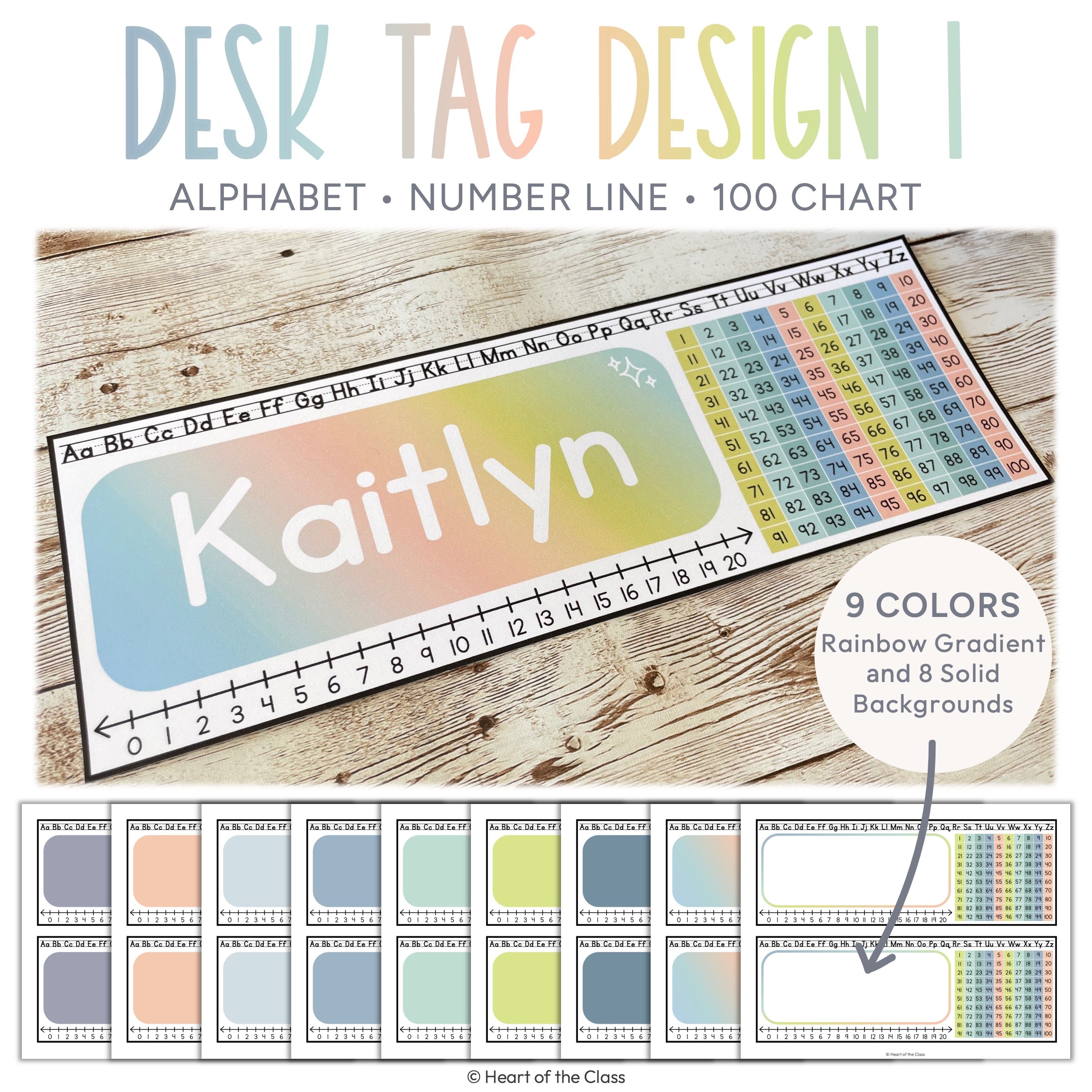 Calm Pastel Classroom Student Desk Tags with Lined Alphabet, Number Line, and 100 Chart