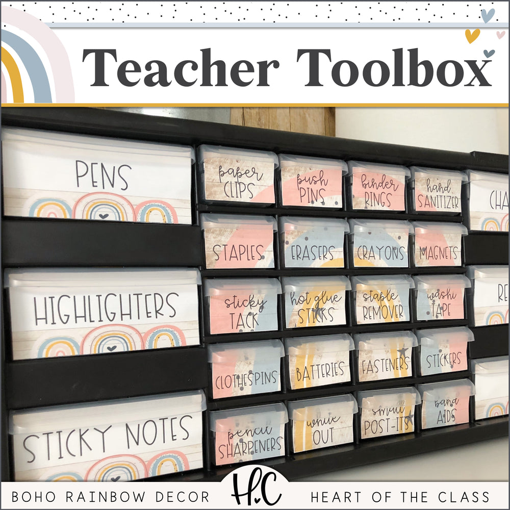 Boho Rainbow Teacher Toolbox Labels Editable