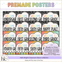 Bright classroom editable Welcome Posters for Door Decor or Back to School Bulletin Board display. Composition notebook background and bright rainbow background. Ready to print options for Welcome to Kindergarten, First Grade, Second Grade, Third Grade, Fourth Grade, Fifth Grade, Sixth Grade, and Welcome to our Happy Place. Easy to edit with fonts embedded!