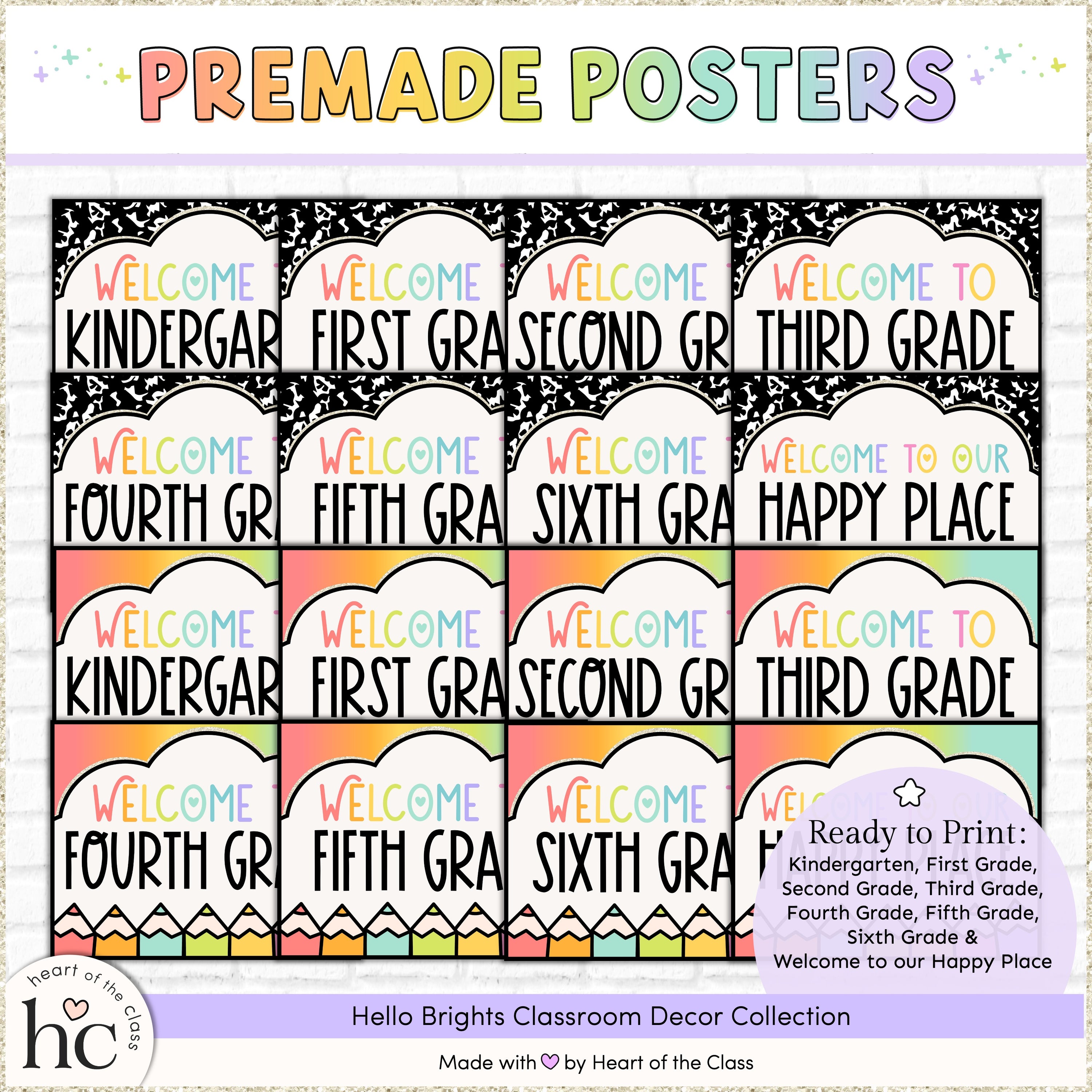Bright classroom editable Welcome Posters for Door Decor or Back to School Bulletin Board display. Composition notebook background and bright rainbow background. Ready to print options for Welcome to Kindergarten, First Grade, Second Grade, Third Grade, Fourth Grade, Fifth Grade, Sixth Grade, and Welcome to our Happy Place. Easy to edit with fonts embedded!
