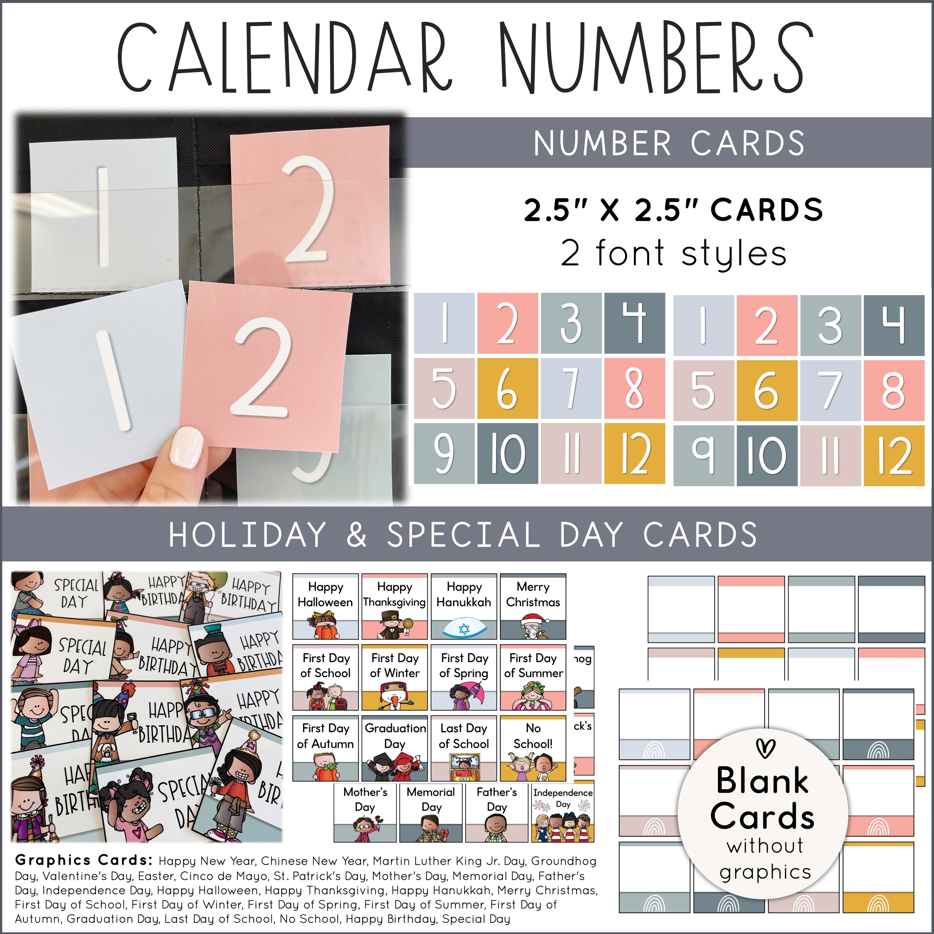 Classroom Calendar Number Cards and Holiday Cards Boho Rainbow